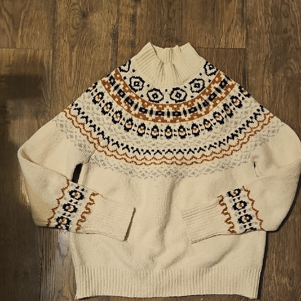 Cupcakes & Cashmere Cream Brown Navy Patterned Turtleneck Sweater Xsmall Boho